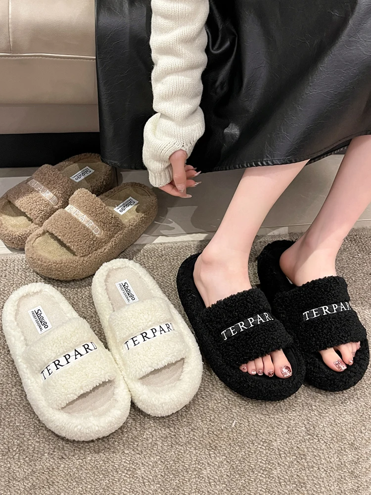 

Slippers Casual Women's Shoes With Platform Med Slides Pantofle Fur Flip Flops Flock Luxury Flat 2023 Massage Plush Fashion Rubb