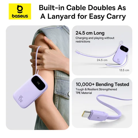 Power Bank Baseus 45 Вт, 20000 мАч, 10000 мАч, встроенный выдвижной кабель USB-C и Lightning для iPhone 17 16 15 Samsung S25 Xiaomi Poco