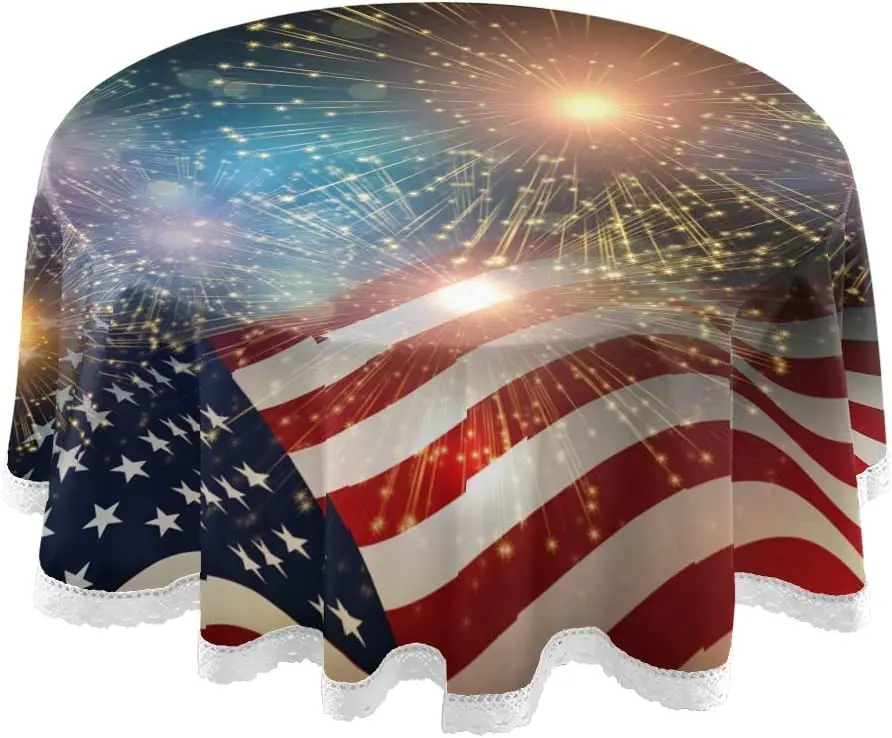 

American Flag Fireworks Round Tablecloth Circular Dining Decorative Table Covers 60 Inch Polyester Table Cloth Waterproof