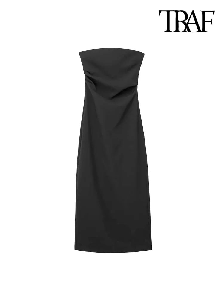 

TRAF Women Fashion Strapless Gathered Midi Dress Sexy Straight Neck Back Zipper Slit Hem Female Dresses Vestidos Mujer