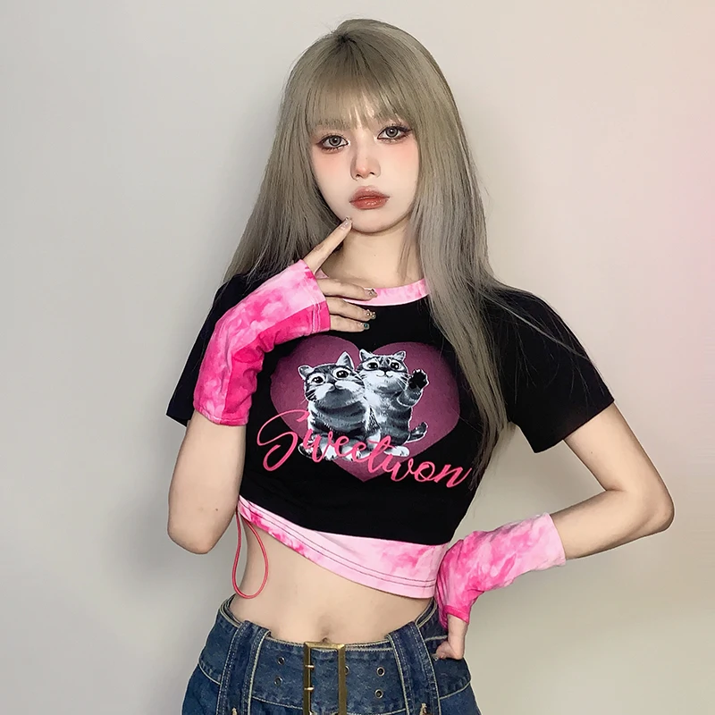 

Weekeep sweet cool tie dye contrast cat print drawstring thin T-shirt ghost horse girl short top summer fashion