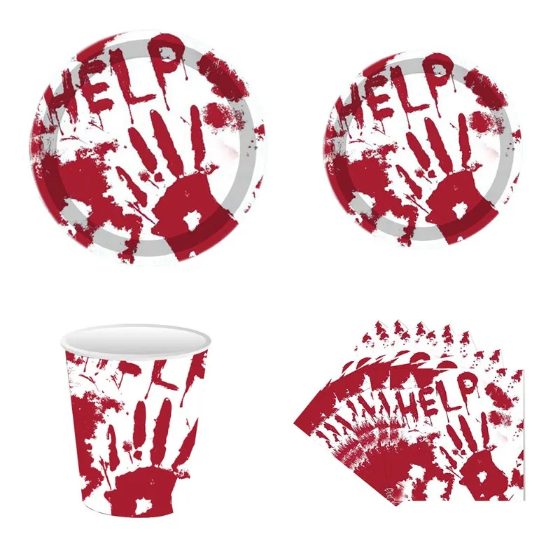 

Horror bloody hand themed party tableware paper cups paper plates Halloween escape room haunted house/3 pieces