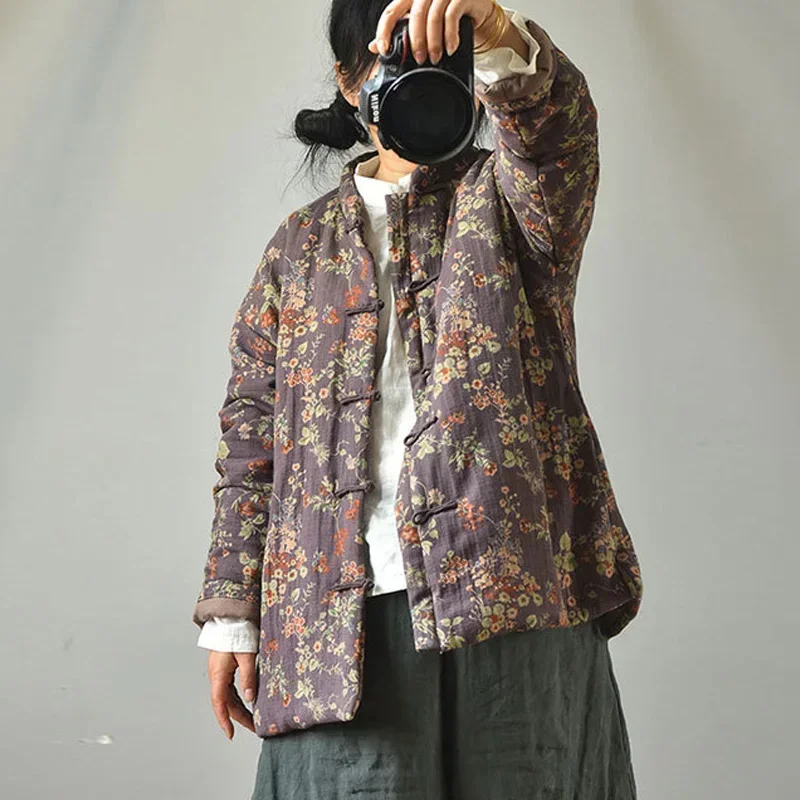 Женские винтажные парки из хлопка и льна Johnature теплые пальто с цветочным принтом