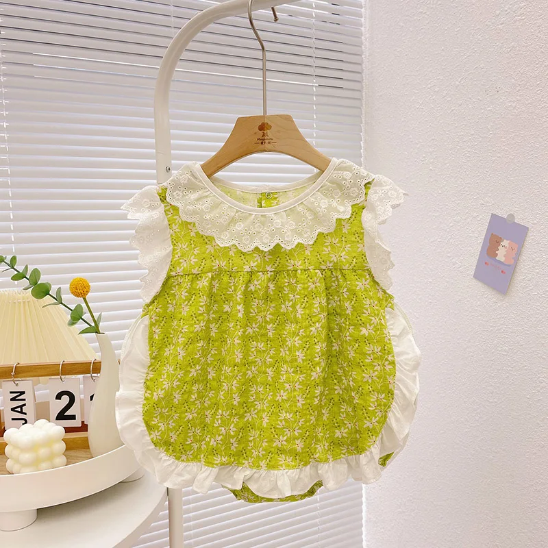 Baby Girls Clothes Baby Summer Clothes Korean Doll Collar One-piece Clothes Skirt Clothes Flowers Princess Climbing Clothes