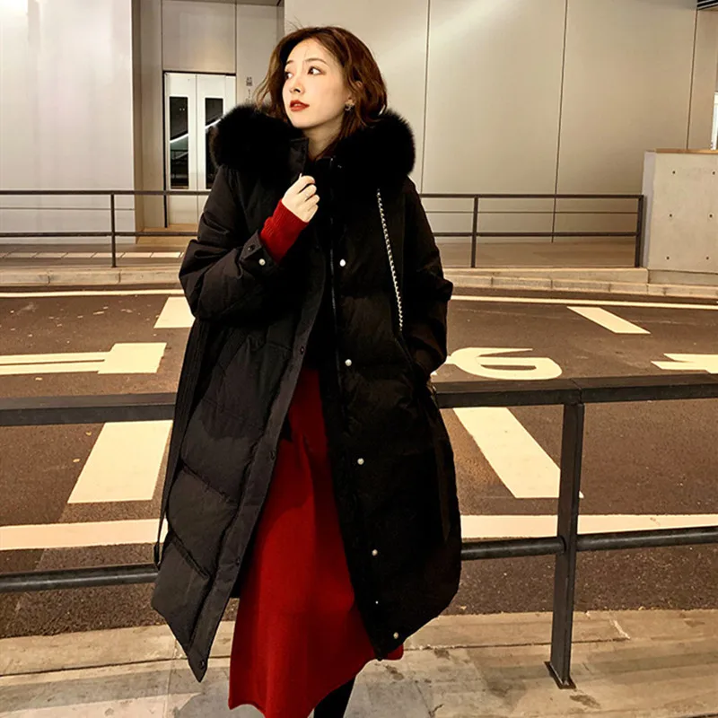 2022 New Duck Down Jacket Ladies Loose Warm X-Long Faux Fur Collar Cotton Coats Women Parkas Winter Clothes Thicken Outerwear