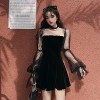 y2k black dress women mini skirt sexy long sleeve off shoulder lady style pleated tube top tulle summer short prom gothic 2022