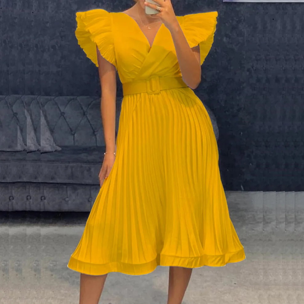 

Women Fashion Elegant Summer Pleats African V Neck Dresses Female Short Sleeve Midi Vestidos with Belt Africa Party Y2k Clothing