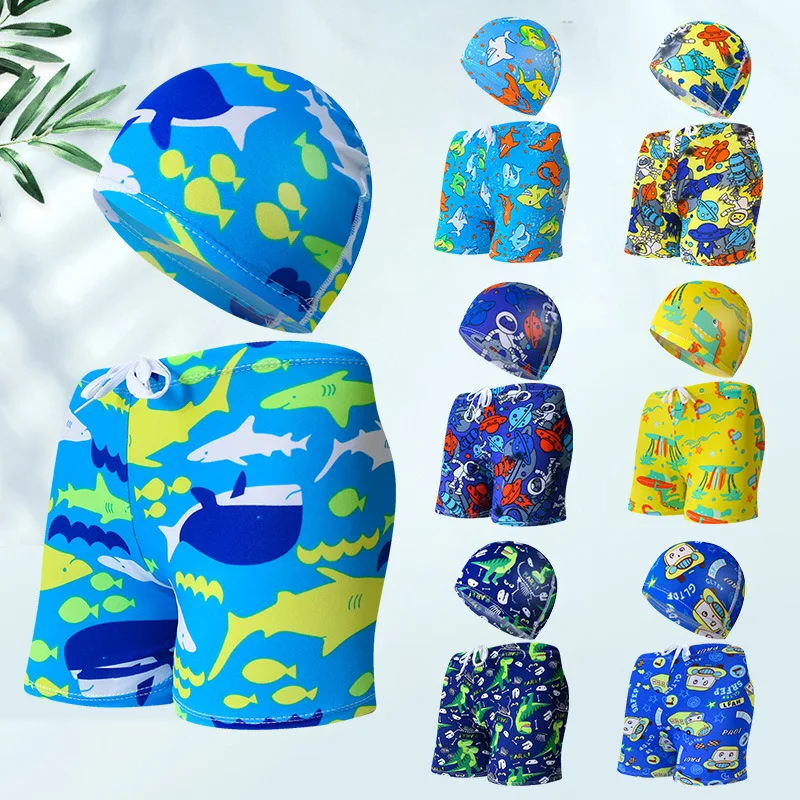 

Boys' Summer Swimming Trunks,Children's Cute Cartoon Beach Trunks Swimming Cap Set for Weight between 20 and 35 Kg