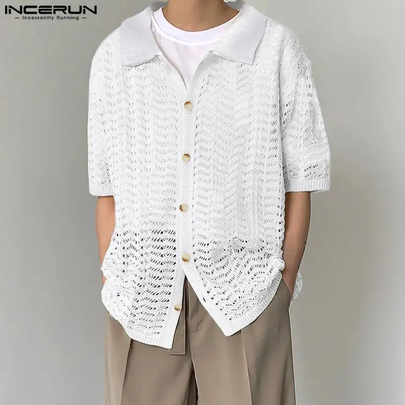 

Fashion Casual Style Tops INCERUN New Men Mesh Hollowed Design Lace Shirts Streetwear Male Solid Knit Short Sleeved Shirts S-5XL