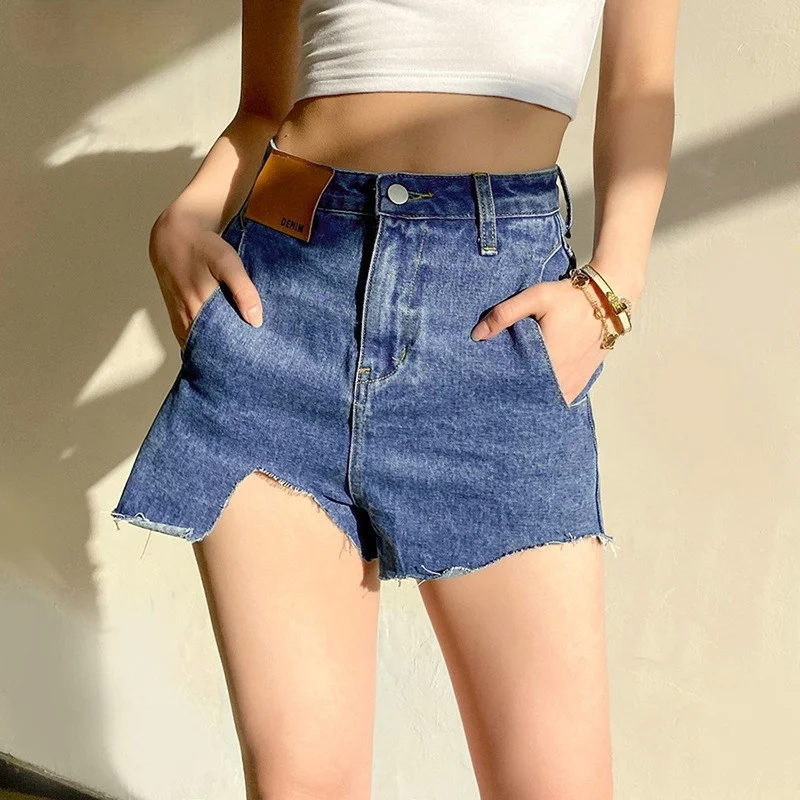 

Fashion Women High Waist Booty Jeans Asymmetry Female Harajuku Sexy Cut Out Blue Denim Shorts Bottoms 2023 New Streetwear Shorts