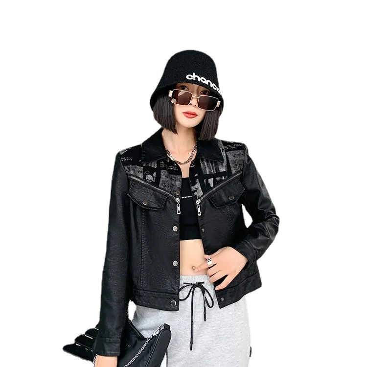 Slim Korean Short Leather Coat Women 2022 Autumn Denim Splicing Lapel Wash Leather Clothing Women Wholesale Cool Girl Gothic