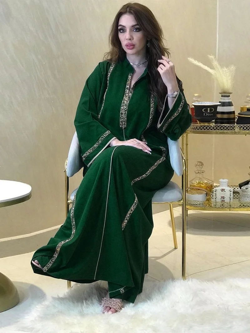 Morocco Abaya Women Dress Diamond Tape Trim Maxi Dress Autumn 2022 Stand Collar Long Sleeve Loose Oman Turkey Dubai Muslim Robe