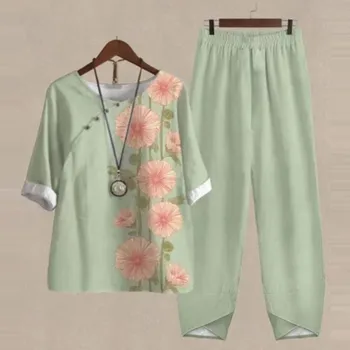 Women'S Casual Flower Prints Button Mid Sleeve Shirt High Waist Loose Pocket Pant Two Piece Top And Bottom Set 1