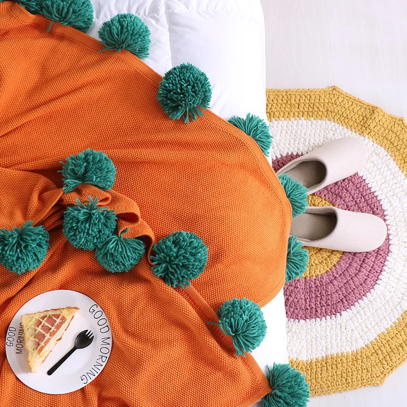 

Inyahome Home Decoration Nordic Cozy Chunky Throw Blanket With Pompom TV Nap Air Condition All Season Home Decor Plaids on Sofa