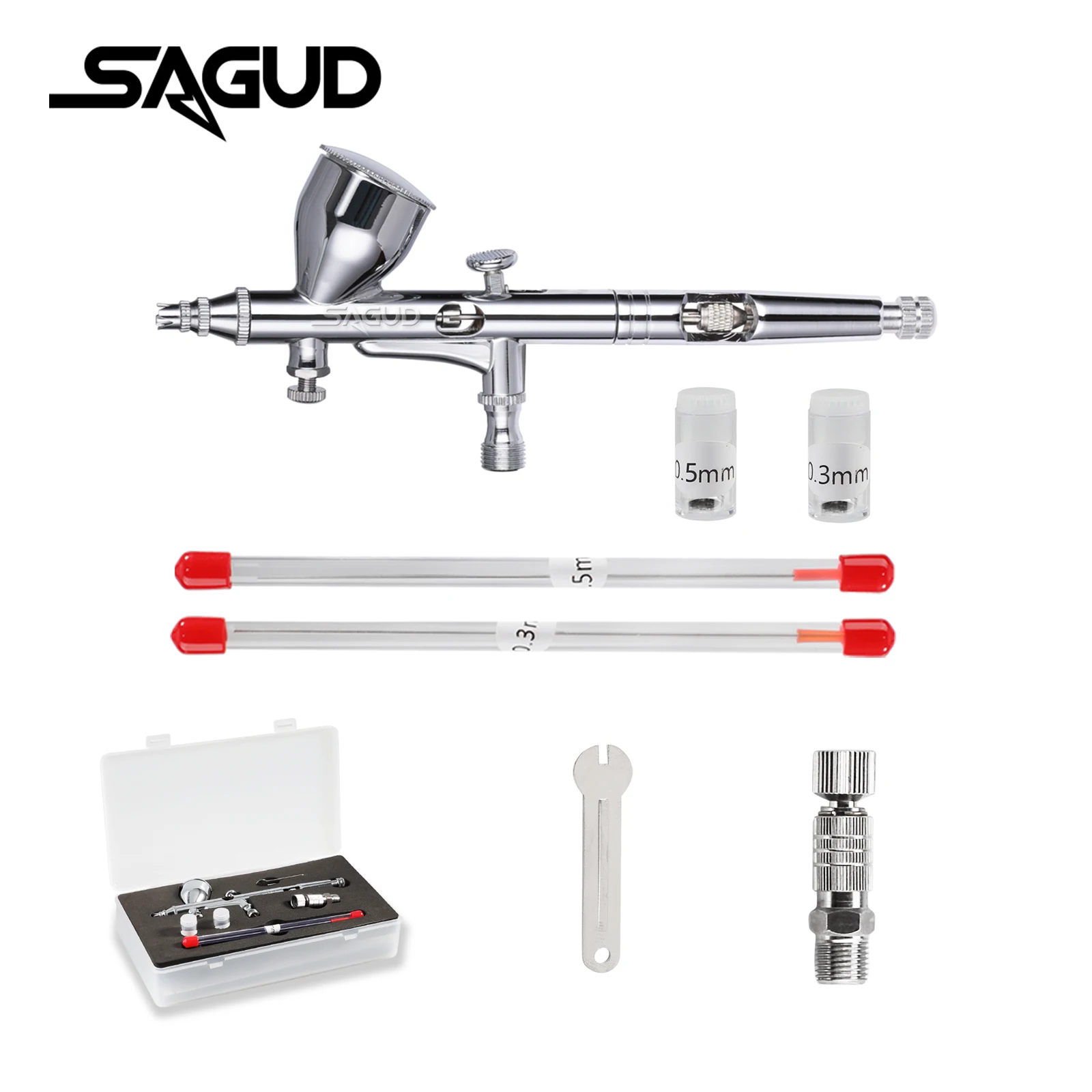 

SAGUD Airbrush Kits Needle Nozzle with Wrench and Release Connector Adapter SD-180S Dual Action Airbrush for Tattoo Nail Cake