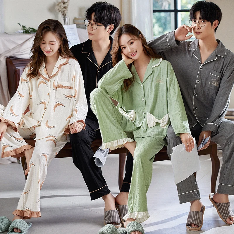 Couple Long Sleeve 100% Cotton Pajama Sets for Men Autumn Winter Korean Loose Sleepwear Suit Pyjamas Women Homewear Home Clothes