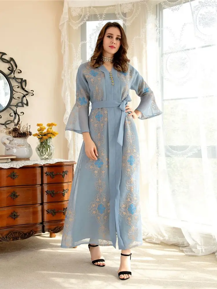 

Spring Elegant Mesh Women Dress Moroccan Kafan Abaya Lace-up Maxi Vestidos India A-line Party Vestidos Eid Caftan Robe Gown