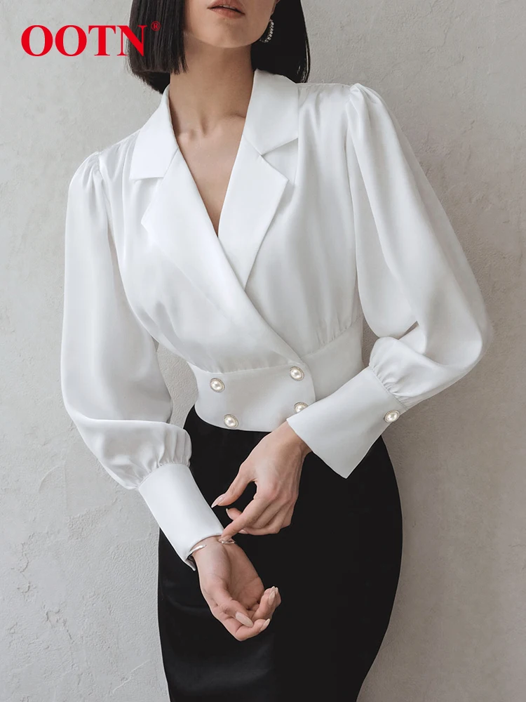 

OOTN Elegant White Notched Neck Shirts Female Autumn Long Sleeve Tops High Street Crop Top Double Breasted Blouse Women 2023