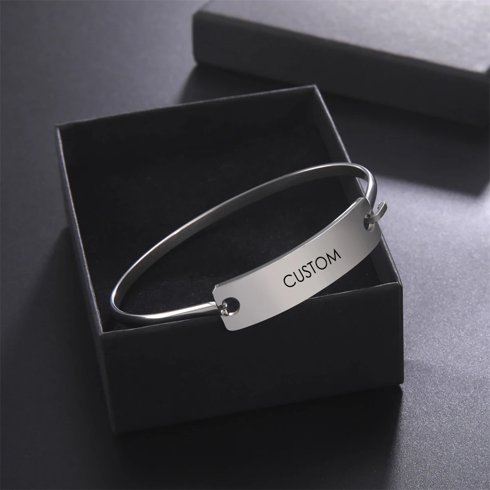 

Lemegeton Custom Name Bracelet For Women Men Personalized Engraved Name Date ID Cuff Bangles Stainless Steel Jewelry Girls Gifts