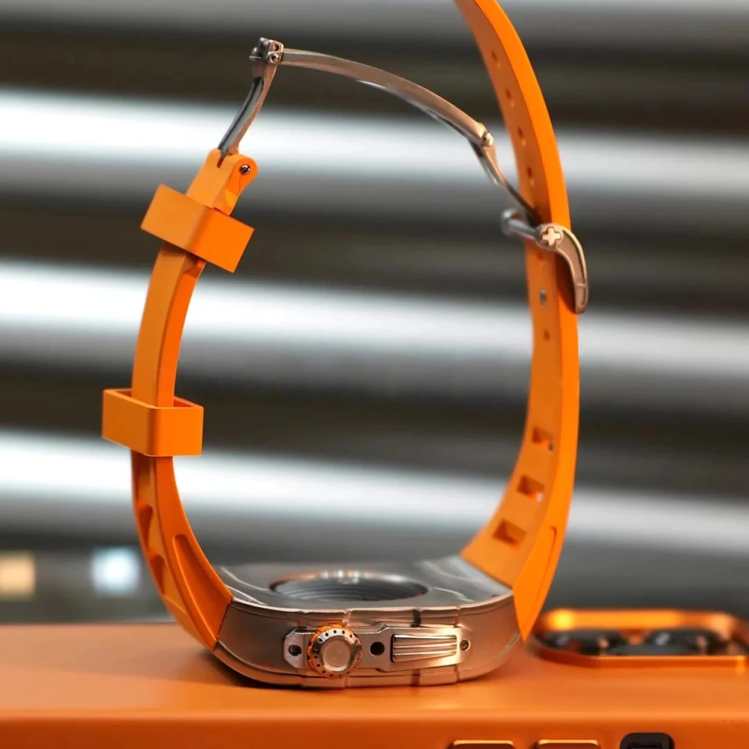 Luxury Titanium Stainless Steel Modification kit for Apple Watch 8 7 45mm Fluorine Rubber Strap for iWatch 6 5 4 3 44mm Band Set