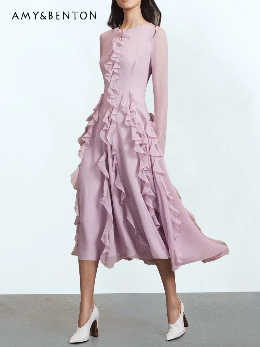 

Высококачественное модное летнее платье для тяжелых девушек, элегантное нежное приталенное платье средней длины с оборками и круглым вырезом и длинным рукавом для женщин