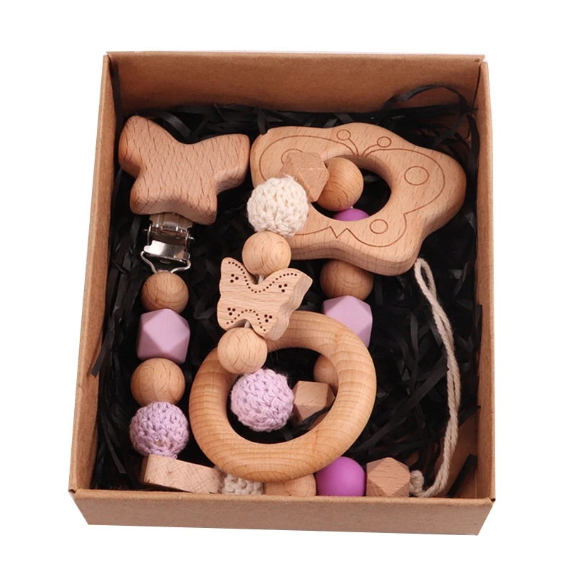 

Y3NF 2 Pcs Baby Rattle Wooden Pacifier Chain Baby Teething Bracelet Pacifier Montessori Teething Rings Gift for Baby
