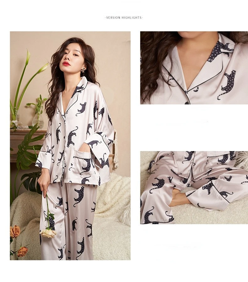 Women's 2 Piece Pajamas Sets Leopard Print Pijama Ice Silk Pyjama Female Sleepwear Long Sleeve Shirt Trouser Homewear Loungewear