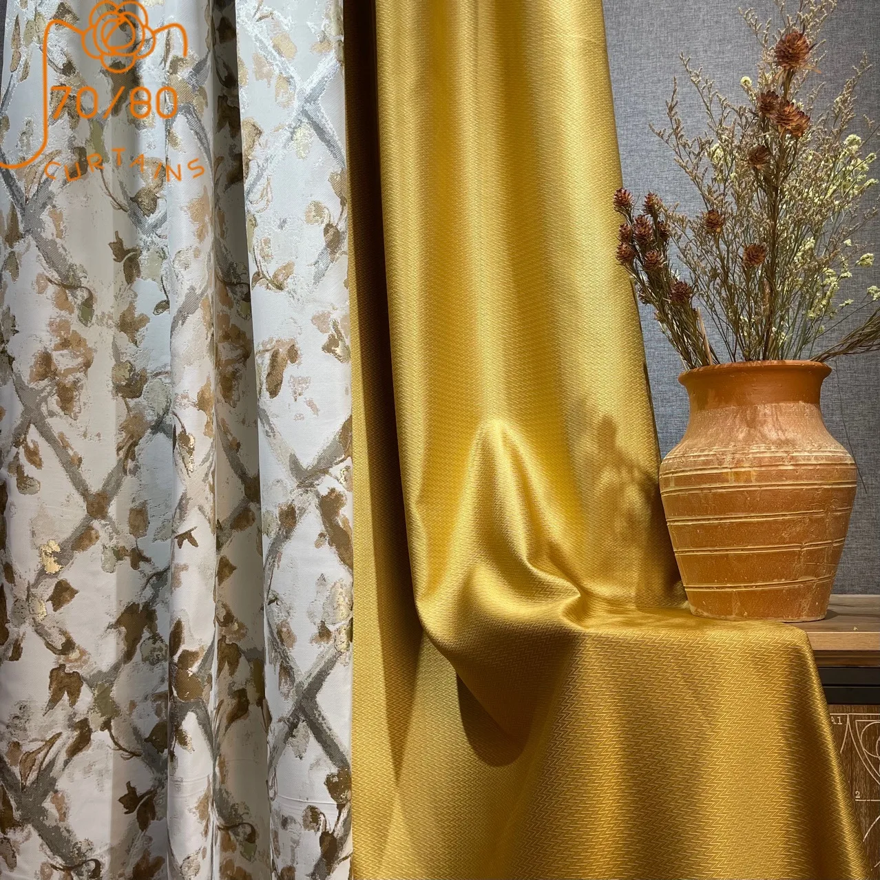 2022 New Luxury Beige Jacquard Gold Jacquard Stitching Blackout Curtains for Living Room Bedroom Finished Product Customization