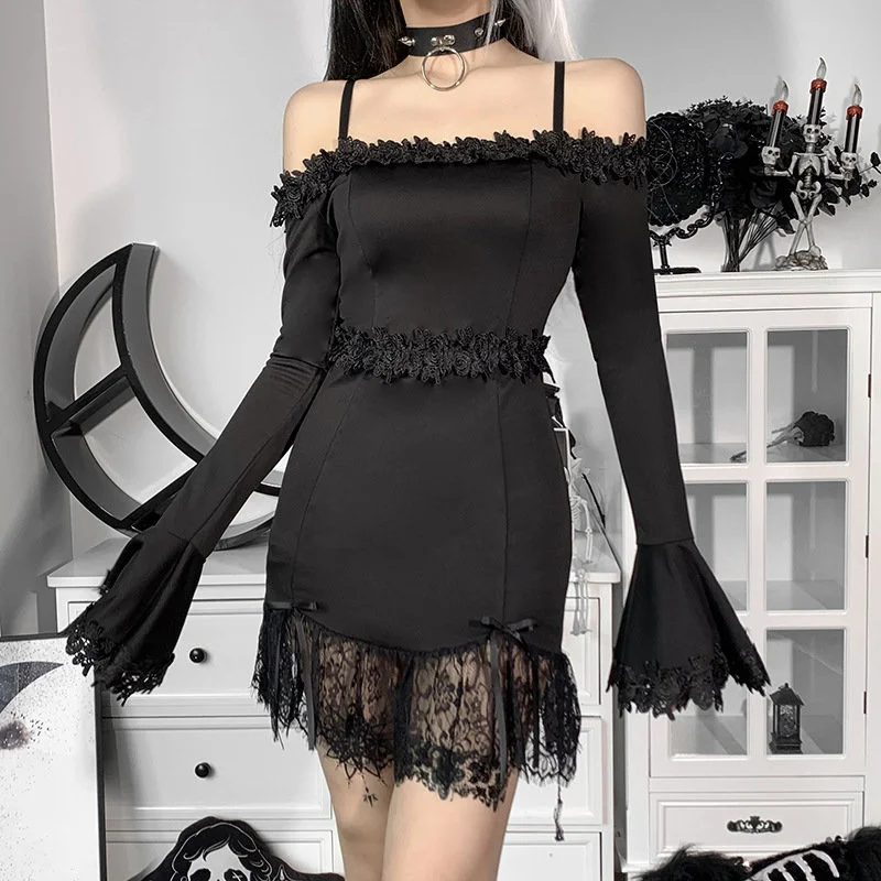 

Rosetic Dark Goth Retro Women Dress Long Flare Sleeve Solid Color Shouder Off Pullover Gothic Style Lace Ladies Dress For Autumn