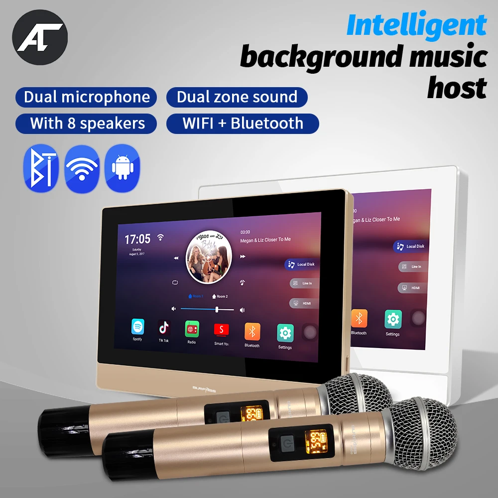 Умный настенный усилитель для караоке, 7 дюймов, Wi-Fi, Bluetooth, Android 8*20 Вт, мощная Встроенная звуковая система Yamaha Amp для домашнего кинотеатра с микрофоном