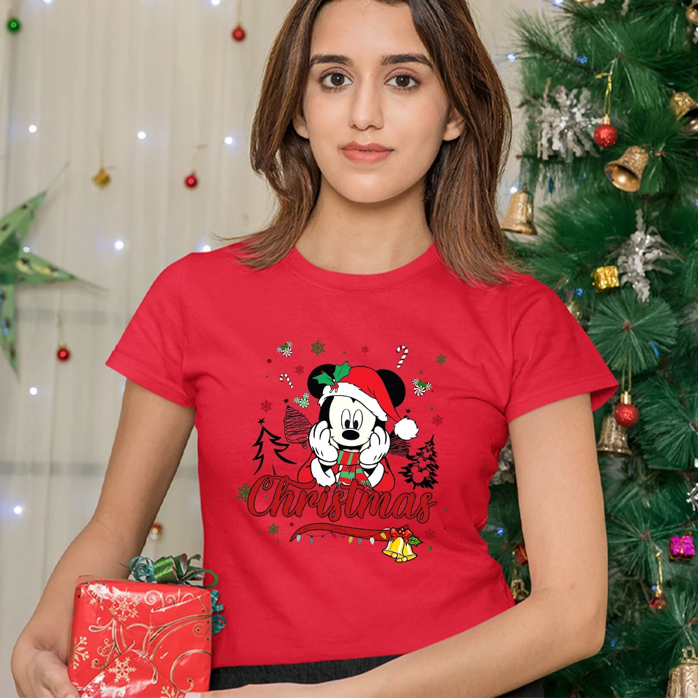 

Disney Mickey Christmas Clothes Happy Holidays Red Women's T-shirts Fashion Aesthetic Harajuku Xmas Gift Tops Free Shipping