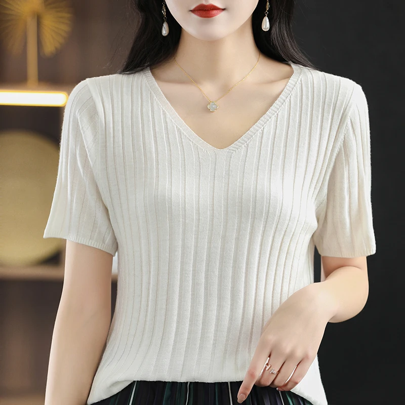 

4 Colors V-Neck Knitted Short Sleeve Women's Top T-Shirt Summer Hot Sale Loose and Comfortable Women's Pullover Wool Sweater