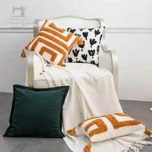 New Cotton Linen Tufted Cushion Cover Black White Parachute Embroidery Pillowcase 45x45cm Brown Tassel Pillow Covers Decorative (2)