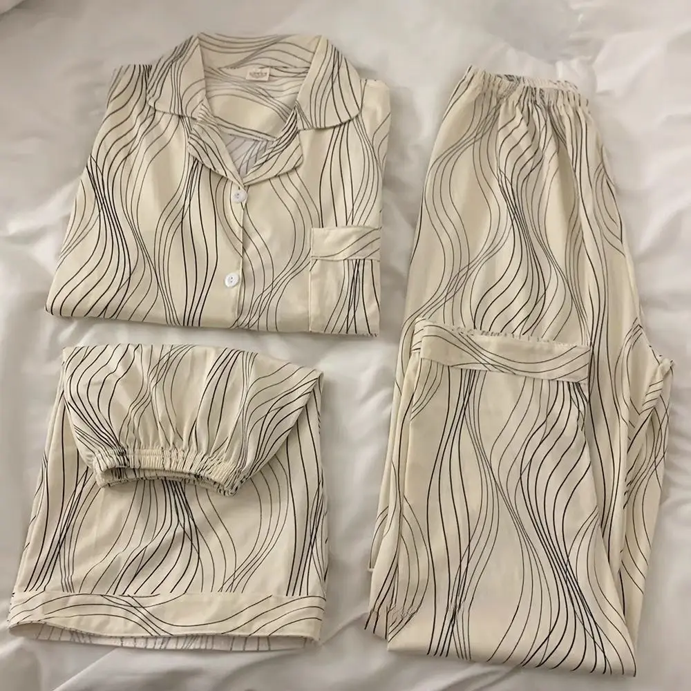 High-grade pajamas female summer short-sleeved striped three-piece students can wear new spring and autumn home clothes in 2023.