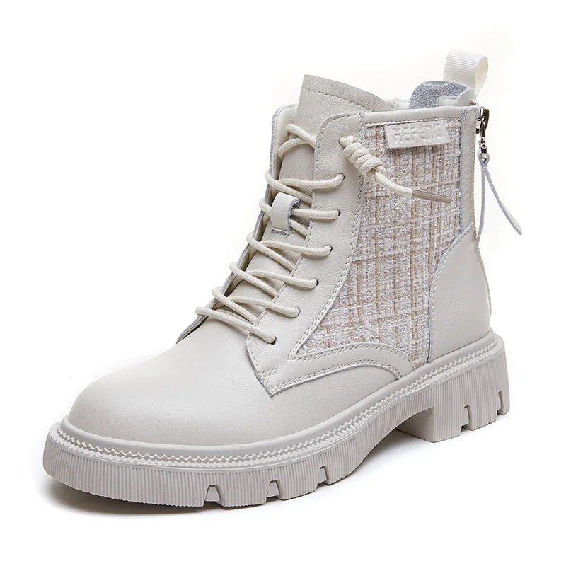 Women Leather Boots Rear Zipper Thick Sole Motorcycle Non-slip Middle Heel Shoes Fashion Low Top New Arrivals