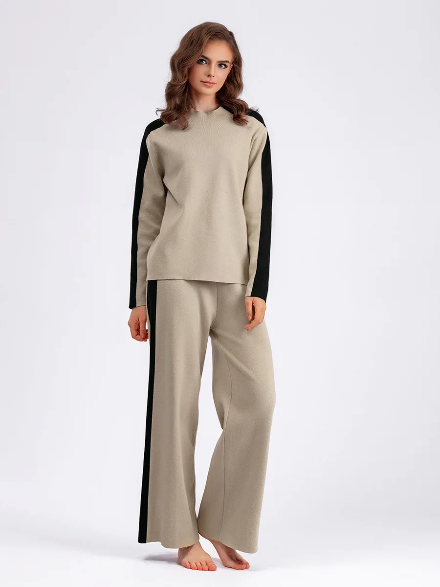 

Fall Winter Color Contrast Patchwork Women Two-Pieces Sets Fashion Loose Simple Sweater High Waist Drawstring Ankle Length Pants