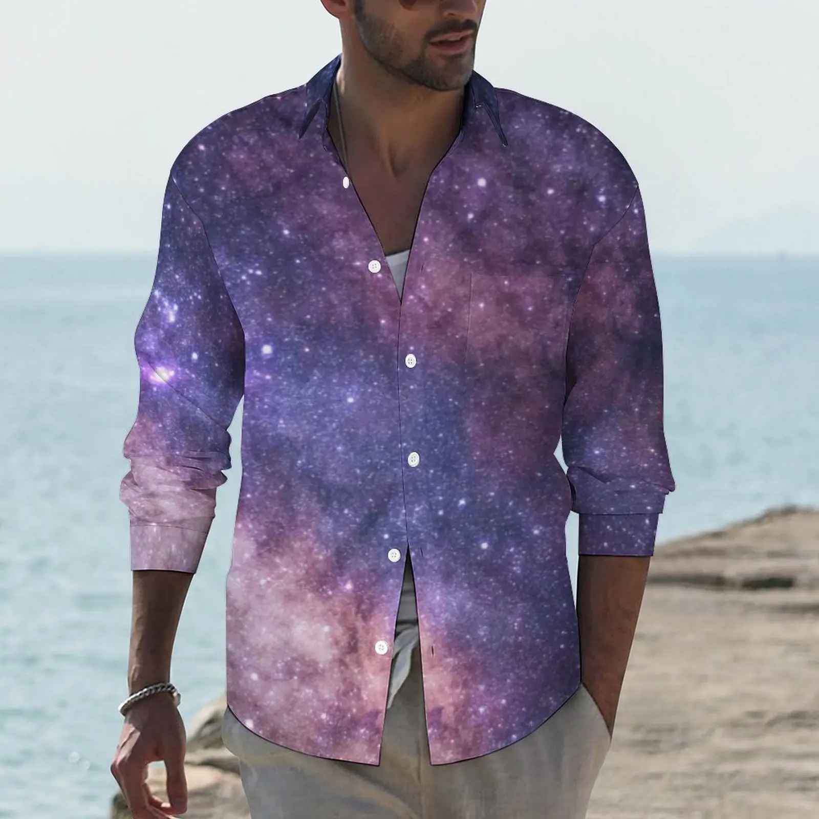 

Galaxy Star Print Aesthetic Casual Shirt Mens Nebula Planets Stars Shirt Spring Cool Blouses Long Sleeve Design Oversized Tops