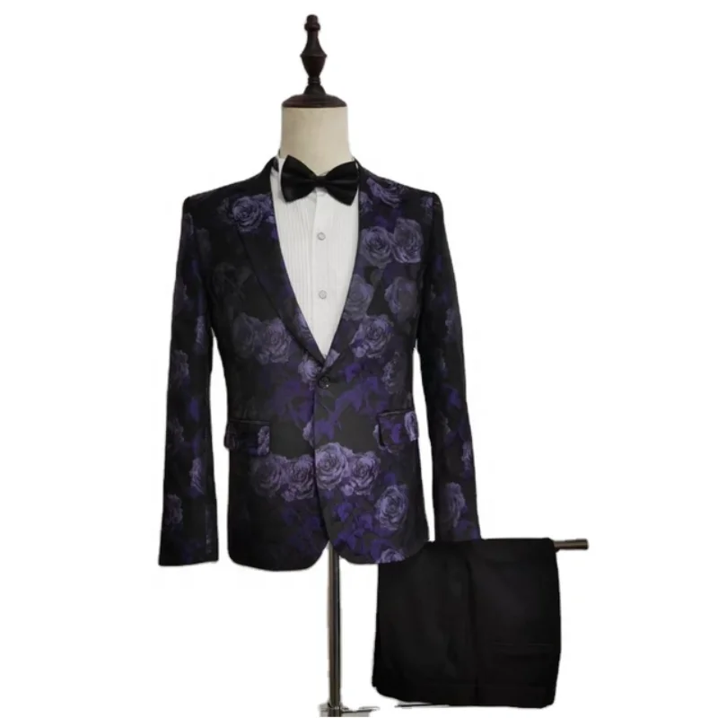 Новинка фиолетовый черный цветочный принт фотосмокинг с вырезом на лацкане