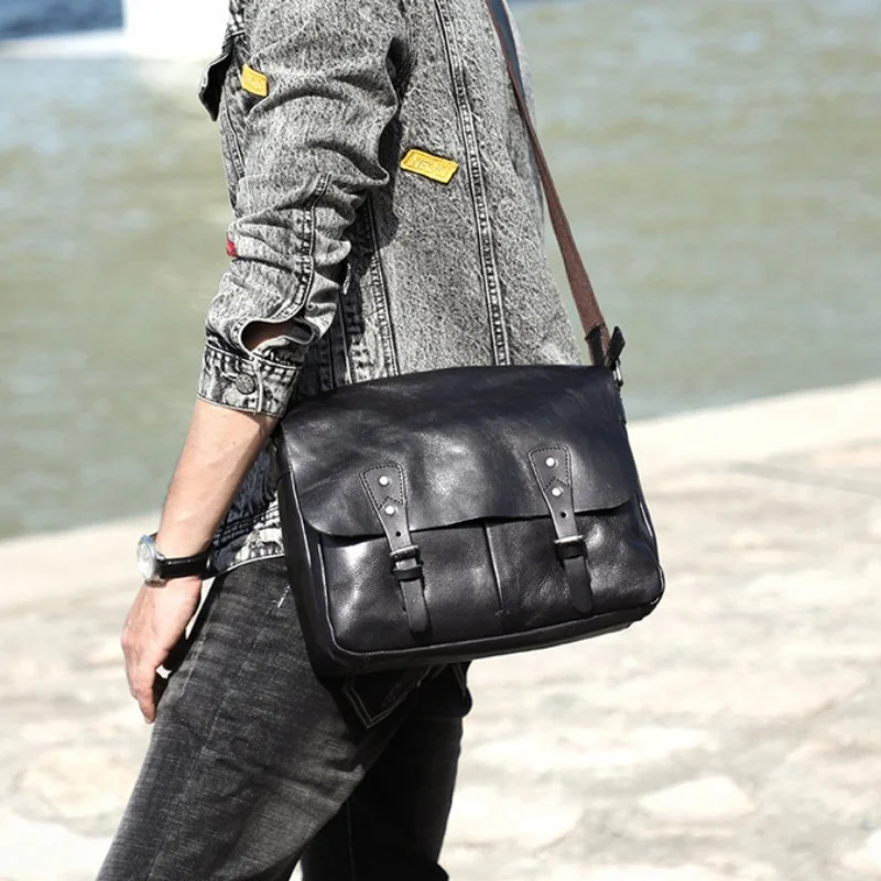Casual luxury natural genuine leather men's messenger bag daily work real cowhide black tablets A4 document shoulder bag