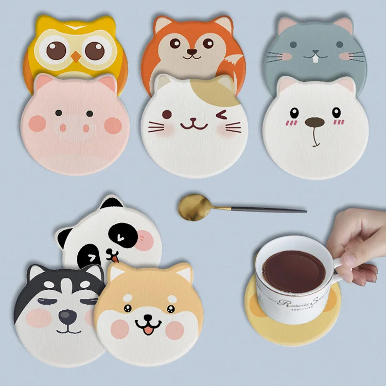 

1pc Cute Animal Tea Coaster Thermal Insulation Diatom Mud Mugs Coaster for Gifts Household Round Pads Drinkware Accessories