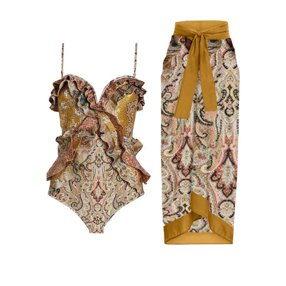

Женский купальник в стиле ретро, накидка, праздничная пляжная одежда с золотым цветочным принтом, Роскошный дизайнерский купальный костюм, летняя одежда для серфинга