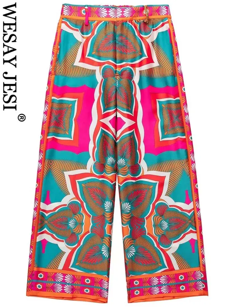 

WESAY JESI Retro Women's Printed Wide Leg Pants Button Zipper Fly Loose Casual Trousers 2022 Fashion Elegant Chic Straight Pants