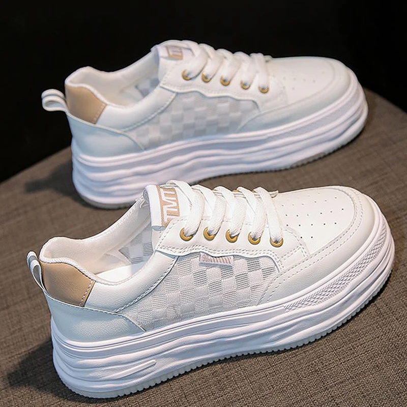 

Female Sneakers Elegant Mesh Checkered White Platform Shoes Woman Luxury 2022 Breathable Fashion Casual Sports Designer Autumn