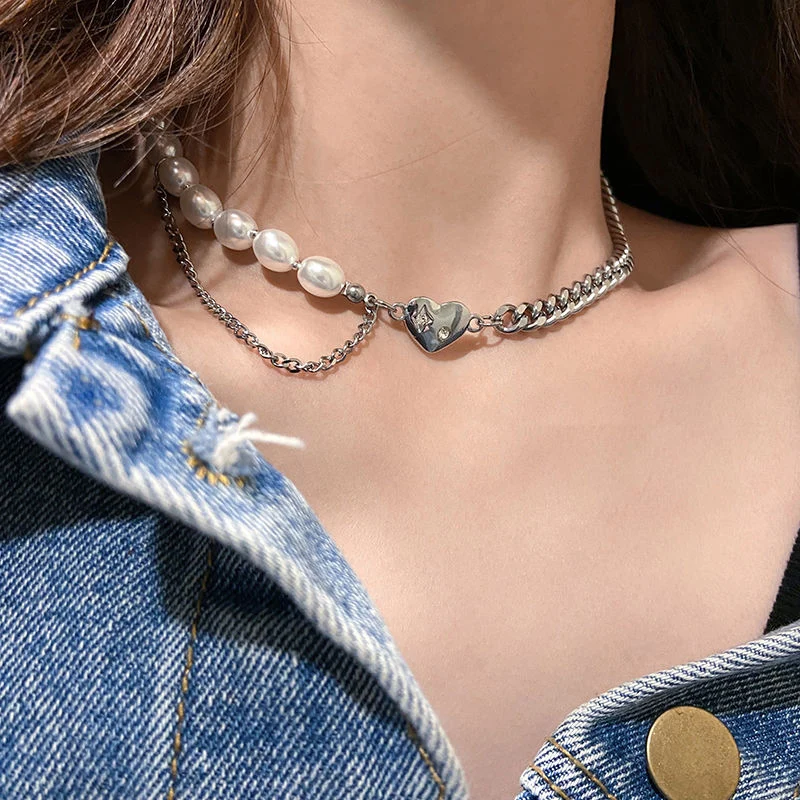 

Love Heart Pearl Spliced Multi-layer Women Necklace Fashion Rhinestones Hip Hop Punk Sweet Cool Girls Clavicle Chain Jewelry Bar