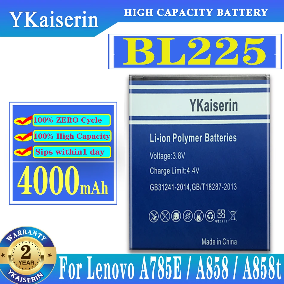 

Аккумулятор ykaisсеребрин 4000 мАч BL225 BL 225 для Lenovo A858T A785E S8 A708T A628T A620T A780E A688T S898t + S580
