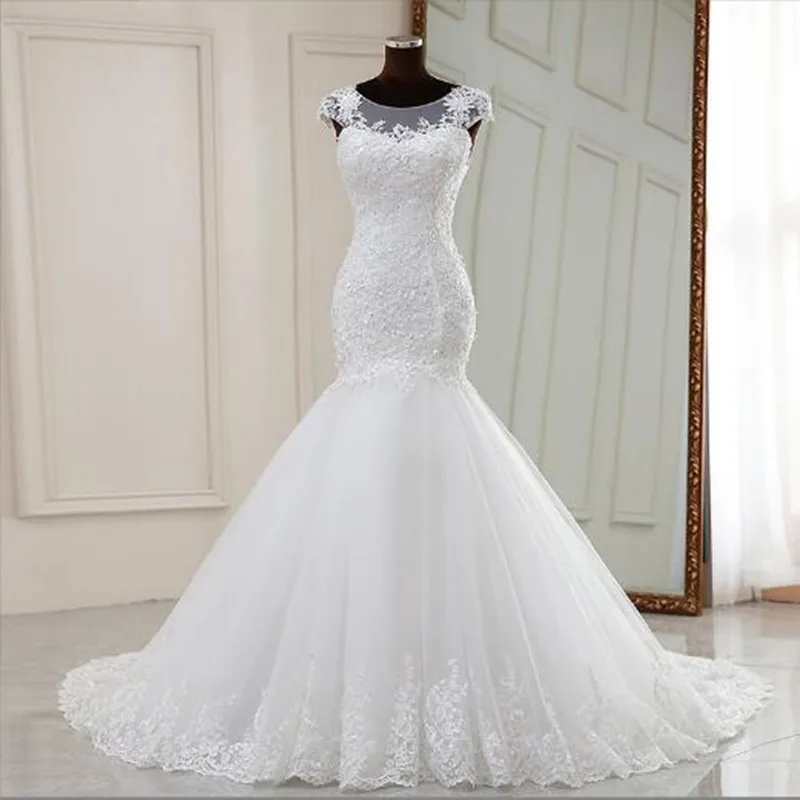 Купи Illusion Luxury Lace Appliques Wedding Dresses Robe De Mariée Exquisite Wedding Bride Gown Court Train Mermaid Vestidos De Novia за 9,500 рублей в магазине AliExpress