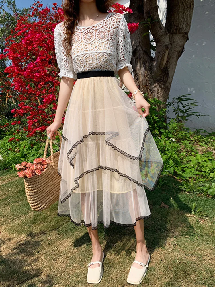 

Fashion Irregular Tulle Skirt Women Summer Elegant Designer Elastic High Waist Casual Solid Color Street A-line Skirt New