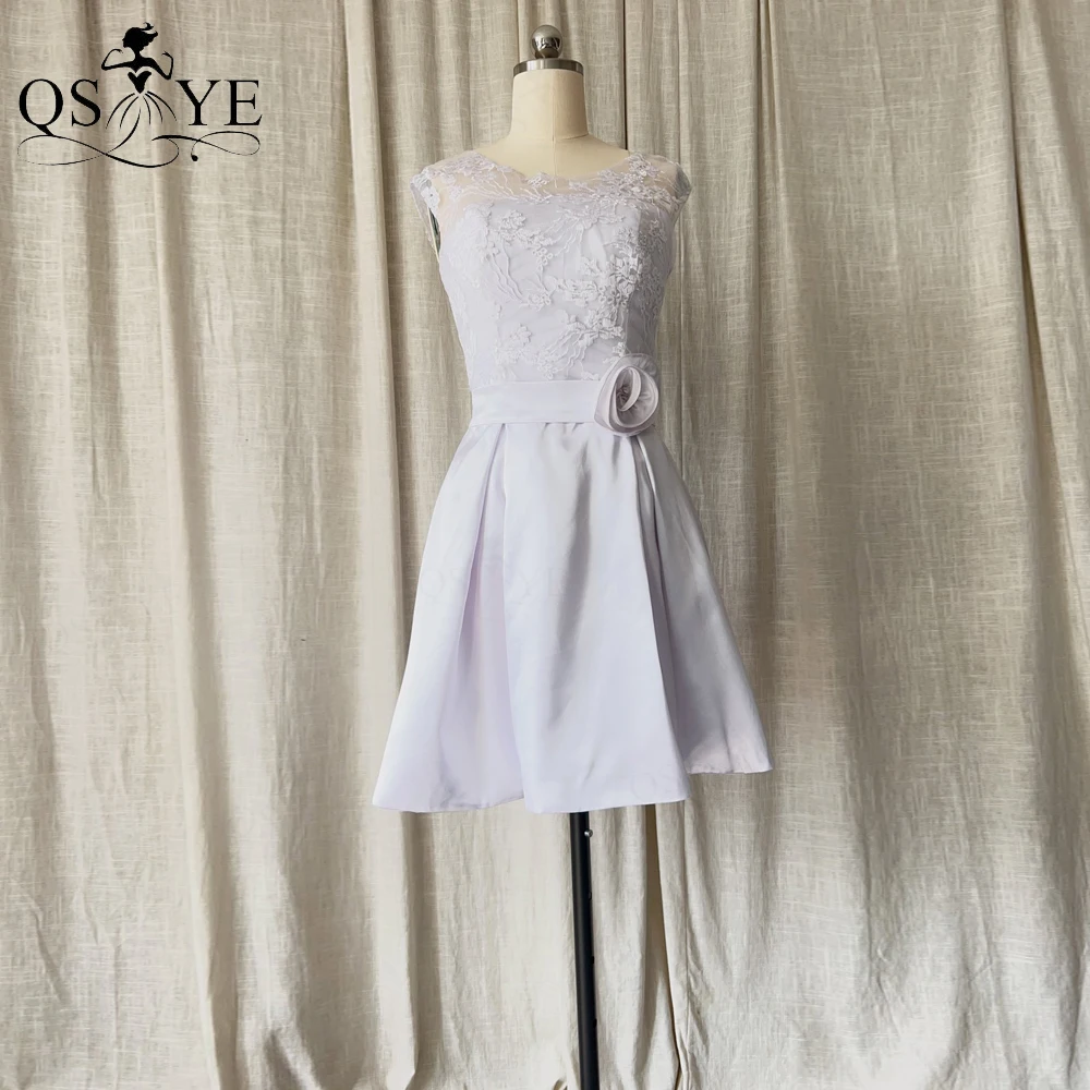 

White Short Prom Dresses Satin A line Mini Evening Gown Sheer Illusion Lace Rose Belt Short Girl Party Dress