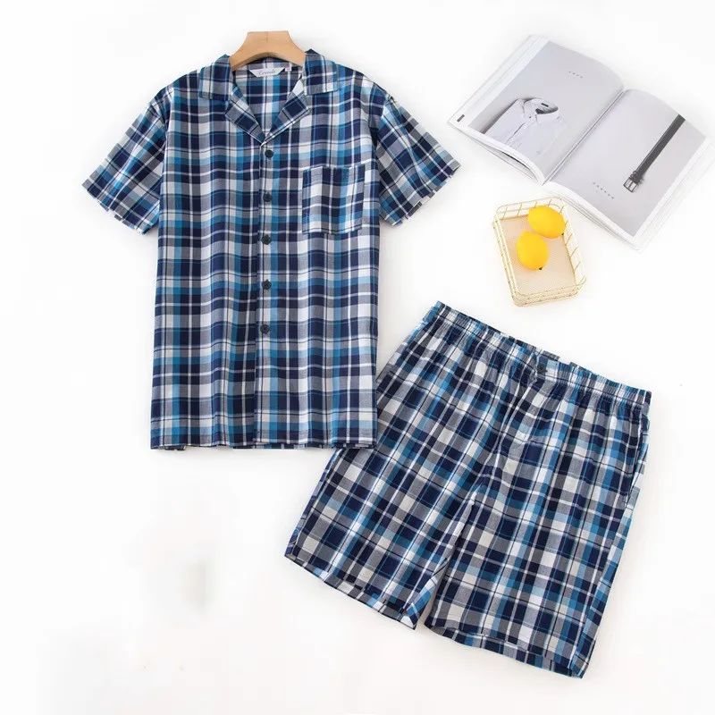 Plaid Pajamas Set Casual Sleepwear For Man Soft Pyjama Men's V-Neck Short Sleeve Shirt Shorts 100% Cotton Fashion Home Big Set