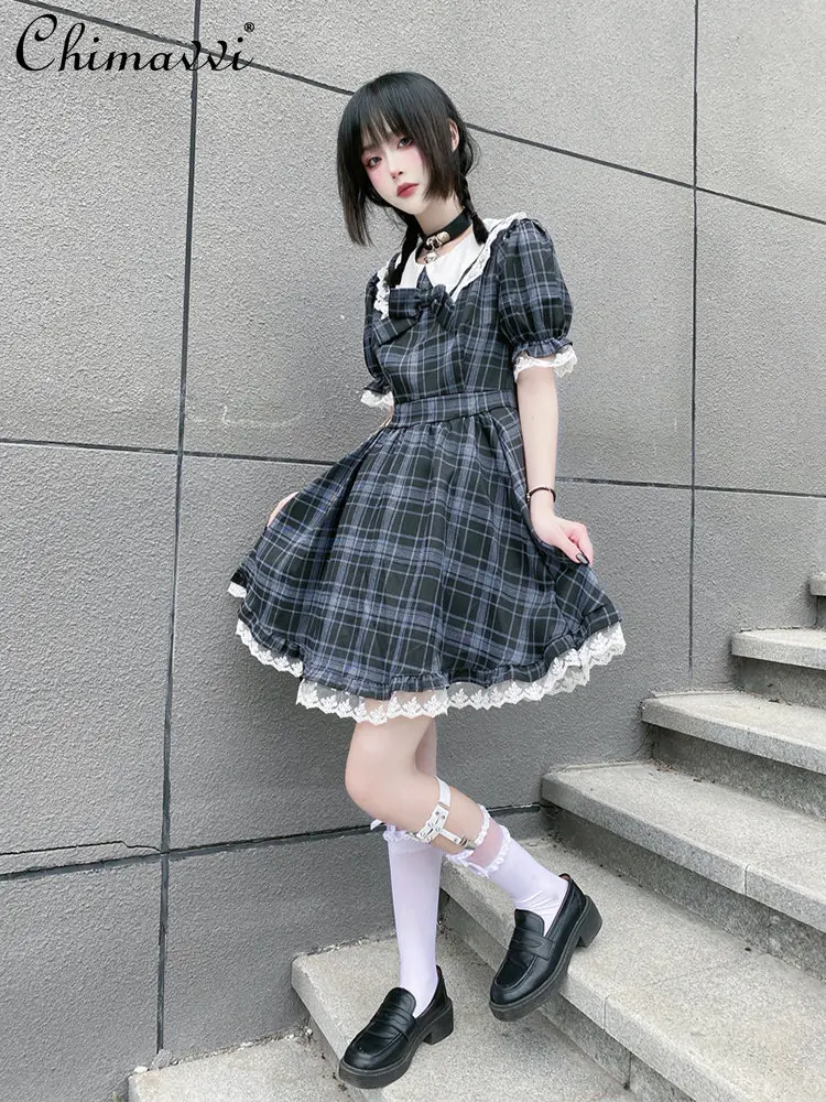 

Женское клетчатое платье с кукольным воротником, Новинка лета 2023, модное женское кружевное сказочное платье с бантом, короткое элегантное милое платье